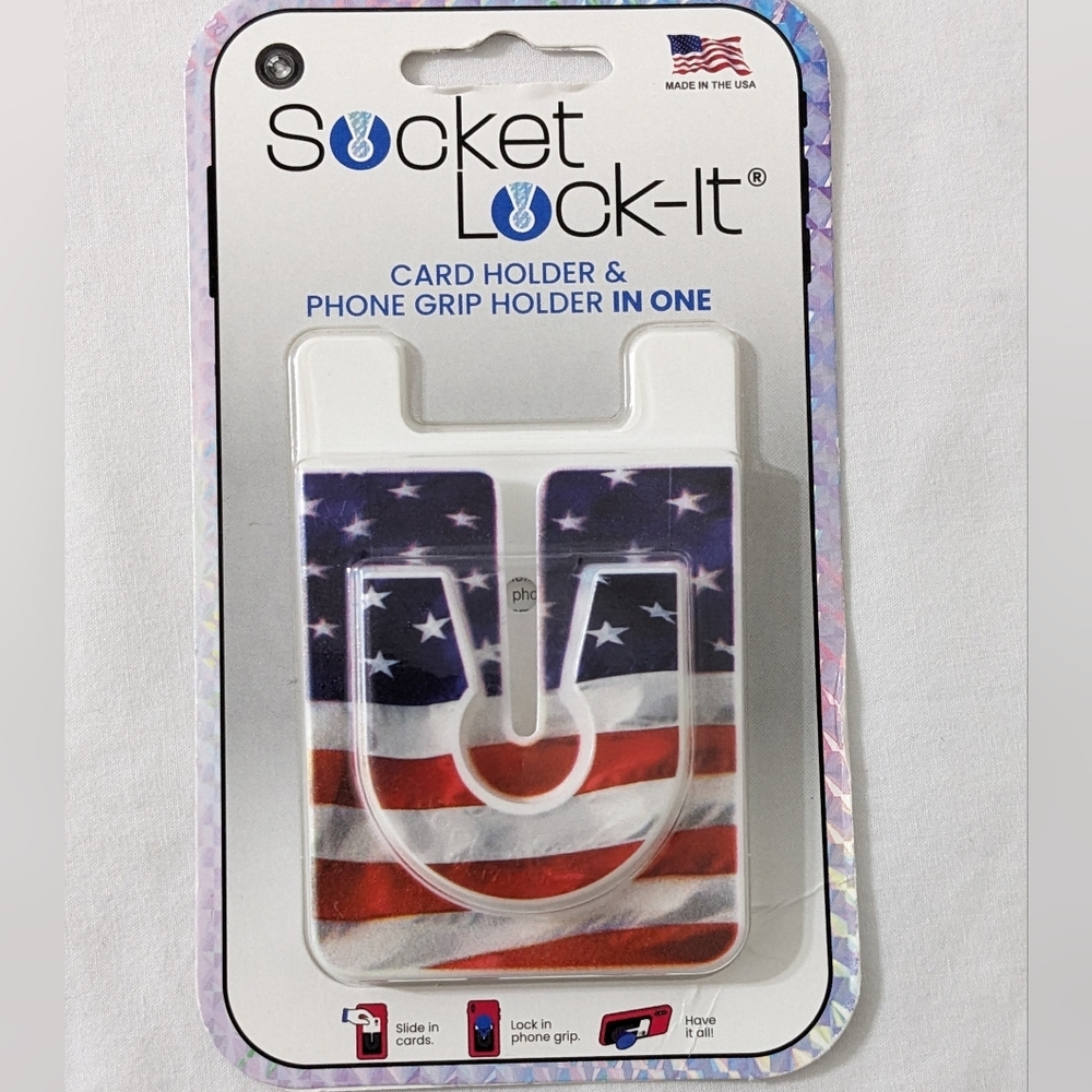 Socket Lock-It Flag Card Holder & Phone Grip Holder In One,Stick On Phone Wallet